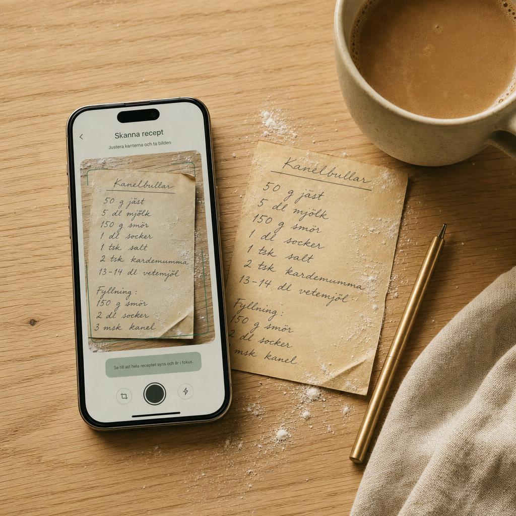 En mobil fotograferar en handskriven receptlapp på ett köksbord