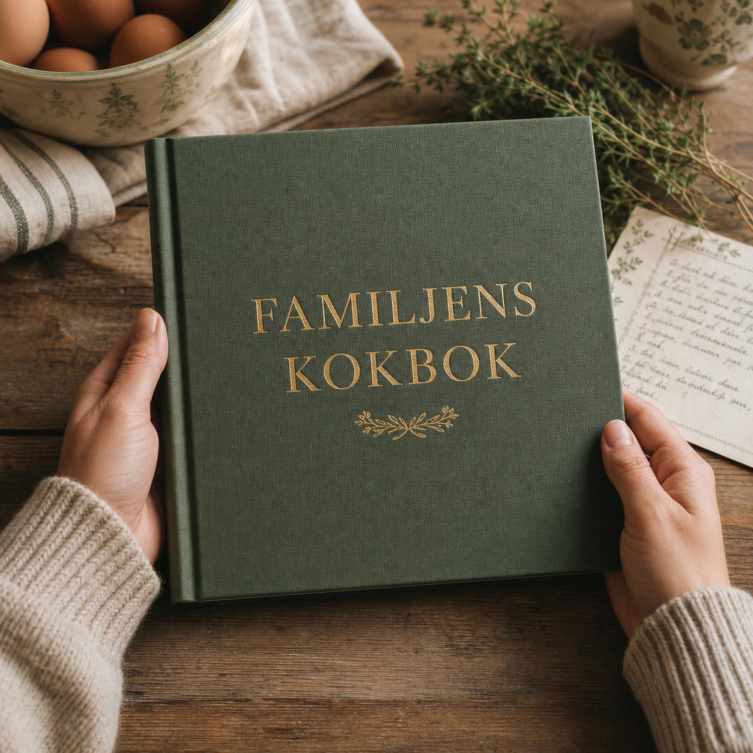 Färdigtryckt receptbok i hårdpärm på ett köksbord